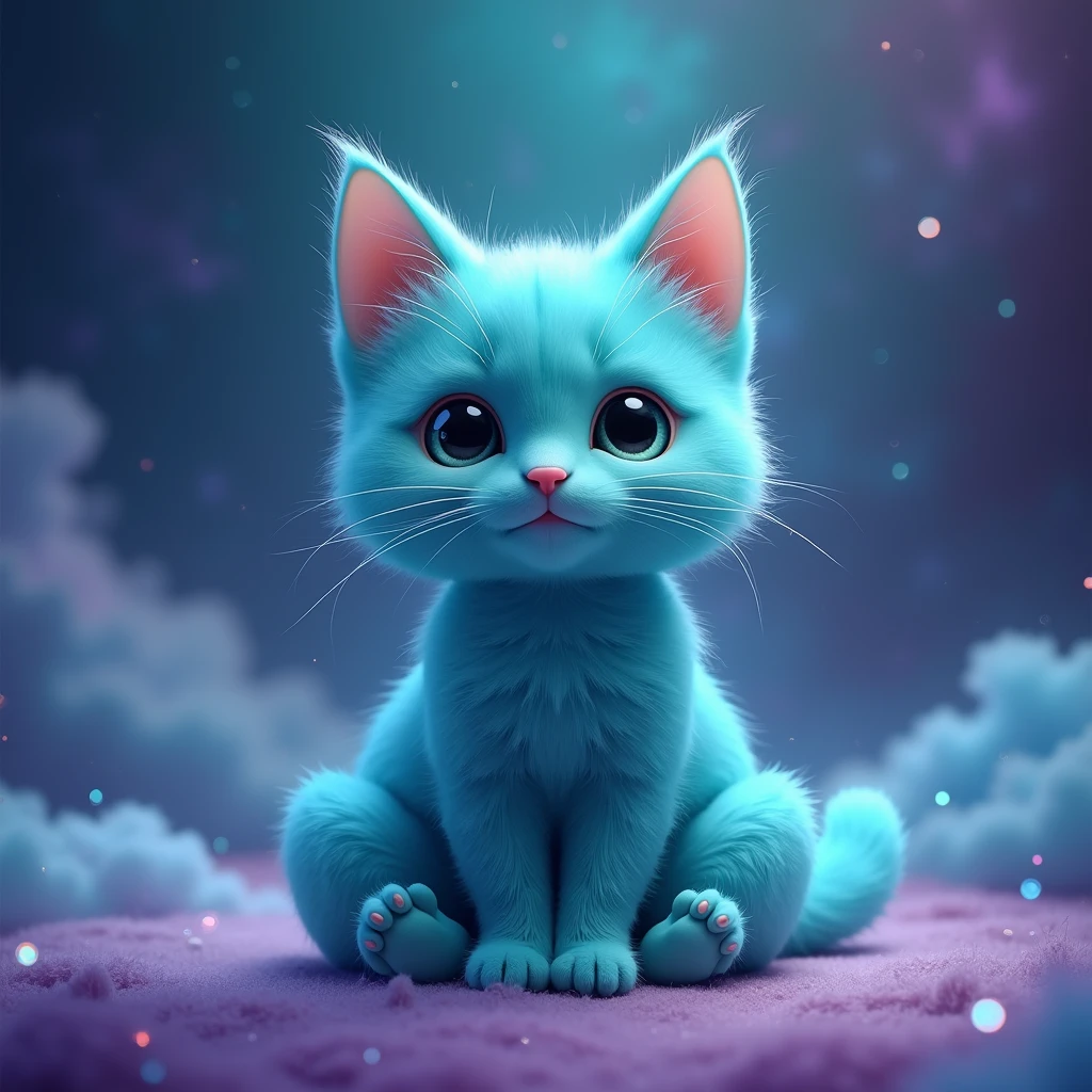 High quality super cute turquoise cat, turquoise space background with purple, meditating cat em posição de lotus, meditating cat, eyes locked