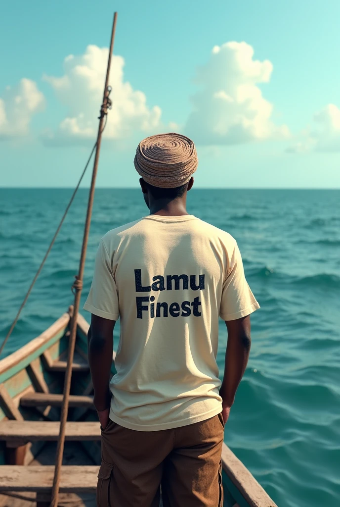 I want to create a fishing boat on the sea and the sailor should be wearing a t-shirt named LAMU FINEST on the back with an African brown apperance wearing a Muslim hat