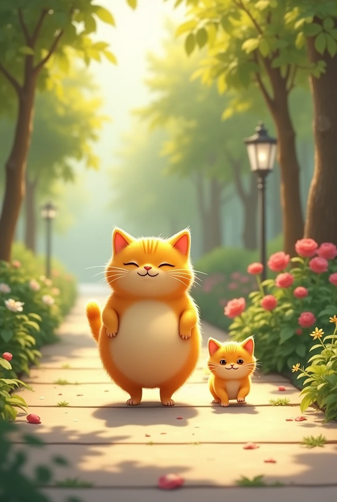 A yellow, chubby, pregnant cat walks on a sunny sidewalk with her small kitten. She looks content, while the kitten playfully follows her.