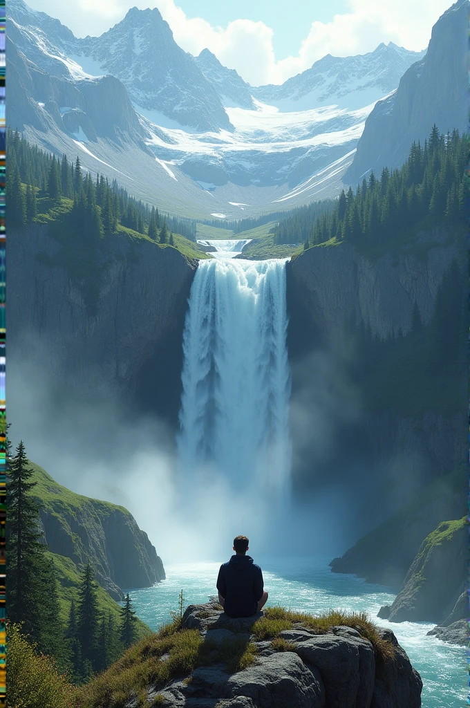A person sitting mountain to see beautiful waterfall fall