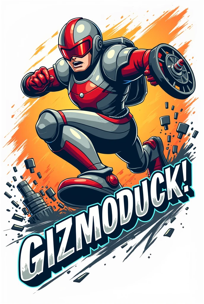 Vector t-shirt design featuring GizmoDuck in a dynamic action pose, vintage-style illustration with a retro-futuristic aesthetic, bold lines and flat colors characteristic of vector art, high contrast between metallic silver armor and bright red accents, comic book-inspired energy bolts and mechanical gears surrounding the character, distressed blocky text with 3D effect reading "GizmoDuck!" incorporating graffiti-style elements, electric blue highlights for tech details, clean white background for screen printing compatibility, highly detailed 4K resolution artwork emphasizing the character's iconic wheel and red visor, overall composition balancing action and readability for t-shirt application.
