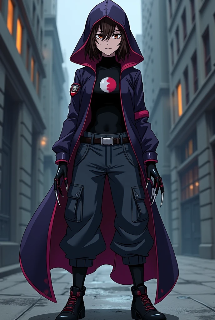1 girl. DC style panel animation Young Justice. dark brown hair, Wavy and disheveled below the shoulders, tired brown eyes with dark circles, almost pale white complexion,1.65 m, slim and agile build. security guard clothing, black muscle shirt, Black oversized military pants and a comfortable colored jacket with violet details, The emblem on the chest is a lunar symbol with a drop of blood in the center., representing his gift The black hooded cloak has a dark red trim, The boots and gloves have dark red details, and the nails on the gloves look like sharp claws. The black mask has night vision lenses that appear to be like wolf eyes., on the belt, He carries tools and weapons that appear to be like medical instruments.. The entire costume seems to be like an extension of his gift.