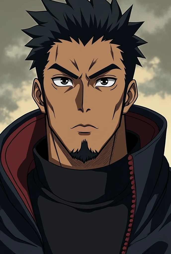 A man with warm brown skin, short black hair, thick eyebrows, almond-shaped dark eyes, a straight nose, full lips, and a neatly trimmed beard. He has a strong jawline and a serious, confident expression. Anime from jujutsu kaisen