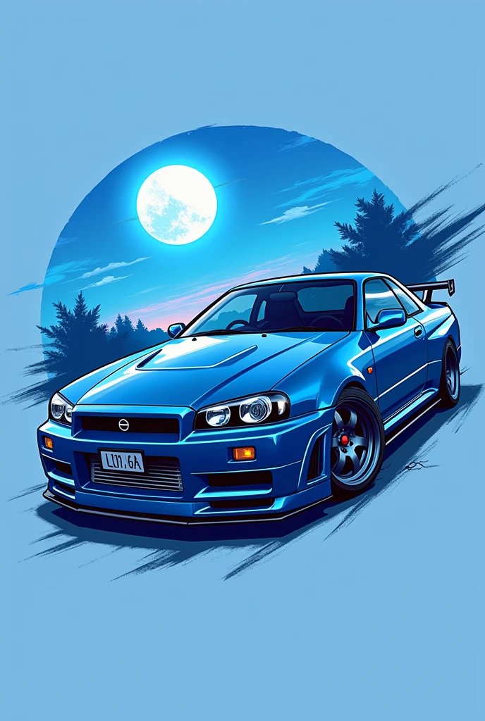 High resolution, Logo for Jdm cars, logo spelling “Luna” cool, Jdm theme, anime theme, bayside blue Nissan Skyline R34, modern name spelling, moon, brand logo,