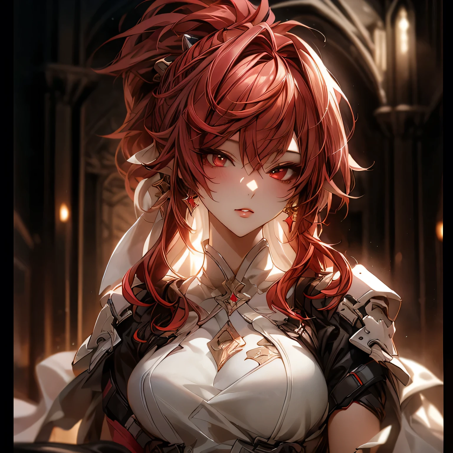 (best quality)), ((Masterpiece)), (details:1.4), 3d, HDR (high dynamic range), an image of a beautiful cyberpunk female, fantasy, medieval, Red hair, High ponytail, Red eyes, จมูกโด่ง, ปากแดง, หน้าอกใหญ่, nvidia RTX, PBR surface, After processing, Anisotropic filtration,depth of field, Maximum clarity and clarity, multi-layered surface, Subsurface scattering, perfect proportions, 8K raw files, ultra detailed, Perfect proportions, volumetric lighting, soft lighting, Holy Paladin, Heavy Red Armor, glossy skin, chapel background, jewely, ต่างหู, นิ้วมือสมบูรณ์,