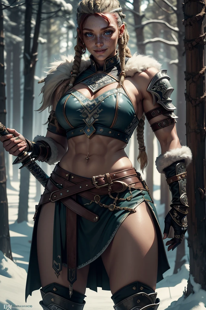 (best quality,4k,8k,highres,masterpiece:1.2),ultra-detailed, 1woman, Irish goddess Brigid, Auburn hair, Iron armor over druid robes, forging a sword, determined eyes, drawn in the style of Yoshitaka Amano, sks woman, HDR, 8k, absurdres, cinestill 800, sharp focus, add_detail:2,solo Female viking, (young:1.2), (muscular:1.2), fit, wearing brown furs and hides, (wearing furs:1.3) (blue norse tattoos:1.2), blue eyes, platinum blonde hair, (Dreadlocks:1.7), (Dreads:1.4), (Sideshave:1.6), warrior hair, Setting is a Scandinavian forest in winter, snow, bare arms, exposed naval, (abs:1.2). Highly detailed, norse, berserker, arm muscles, leg muscles, (bulky:1.2), leather straps, (large breasts:1.3), waist up, wide waist, stocky, (tall:1.4),(masterpiece:1.1), (best quality:1.1), (ornate:1.1), (monochrome:1.3), (black and white:1.3), BREAK, (horror:1.0), (esoteric:1.1), (watercolor:1.0), BREAK, (solo:1.4), (dynamic angle:1.0), (cowboy shot:1.0), (woman:1.1), (white tunic:1.0), (armor:1.2), (shoulder armor:1.1), (gauntlets:1.0), (large breasts:1.0),Elsa ( frozen ) with tattoos, Photorealistic,Photo of elsa as a girl characterized by her striking Platinum blonde hair, blue eyes, intricately adorned with a frozen collection of tattoos that reflect her connection to the raw and powerful world of metalcore. Explore her distinct fashion choices and how her tattoos contribute to her overall rebellious and fearless aura. Dive deep into the details to bring this edgy, metalcore-inspired character to life, she is wearing green skirt and green crop top