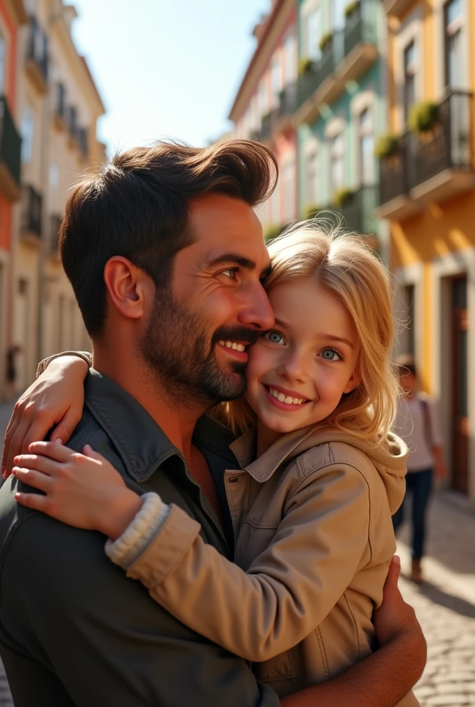 Blonde blue eyes hugging her father dark brown hair and brown eyes taking a selfie on the streets of Lisbon 8k ultra realistic photorealistic