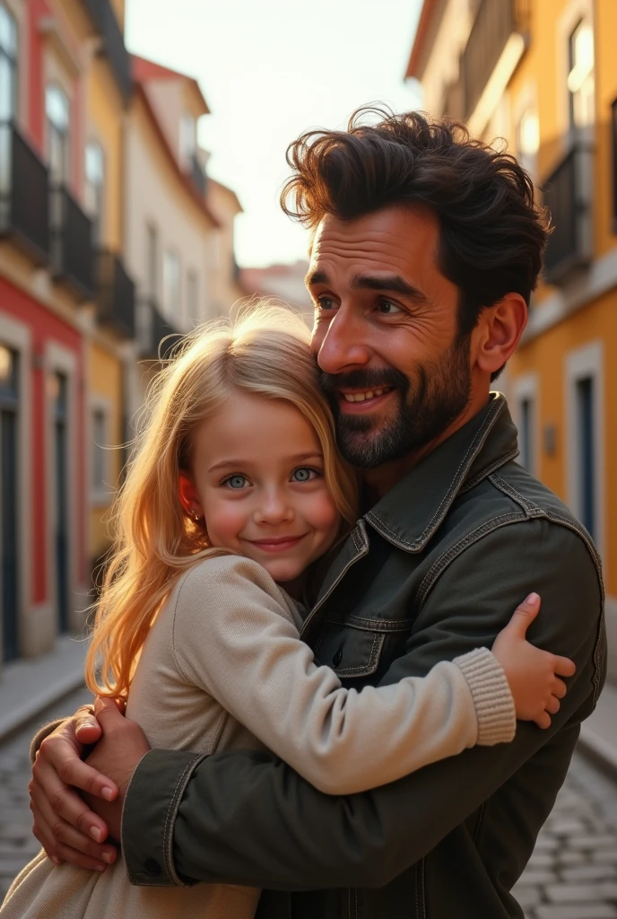 Blonde child  blue eyes hugging her father dark brown hair and brown eyes taking a selfie on the streets of Lisbon 8k ultra realistic photorealistic 