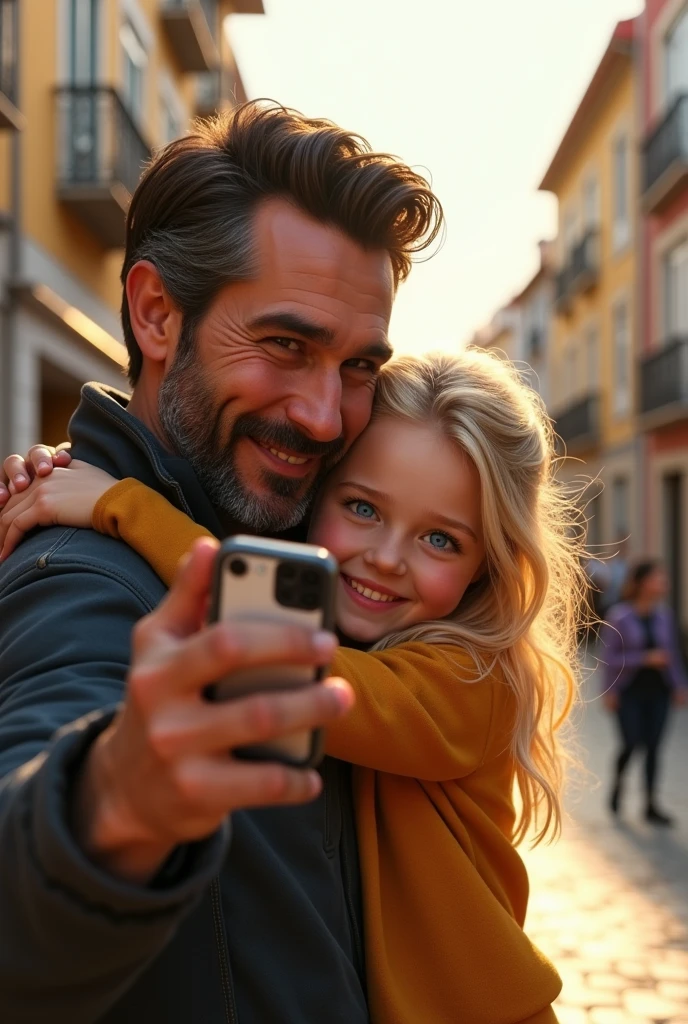 Blonde child blue eyes hugging her father dark brown hair and brown eyes taking a selfie on the streets of Lisbon 8k ultra realistic photorealistic