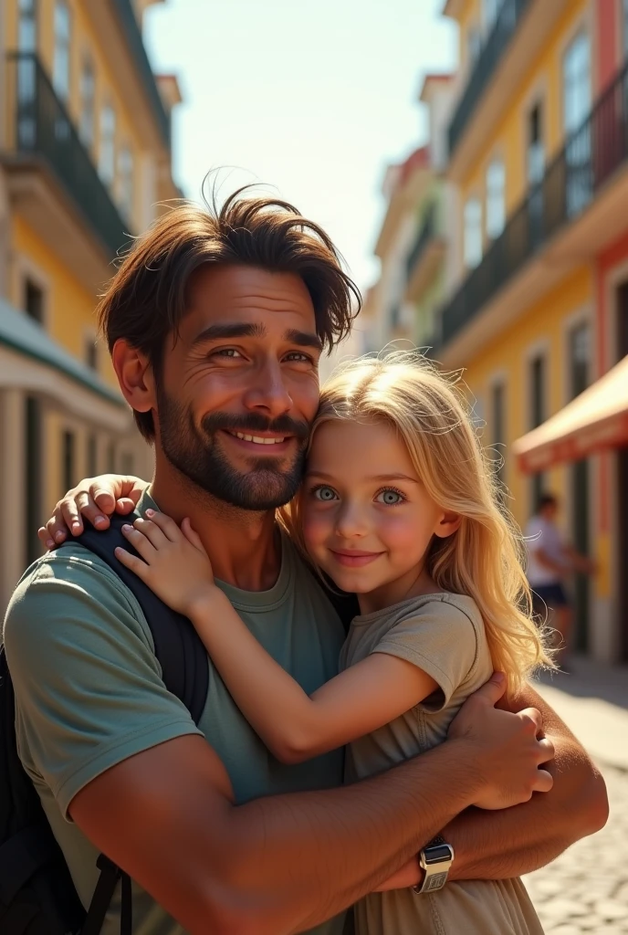 Blonde child blue eyes hugging her father dark brown hair and brown eyes taking a selfie on the streets of Lisbon 8k ultra realistic photorealistic