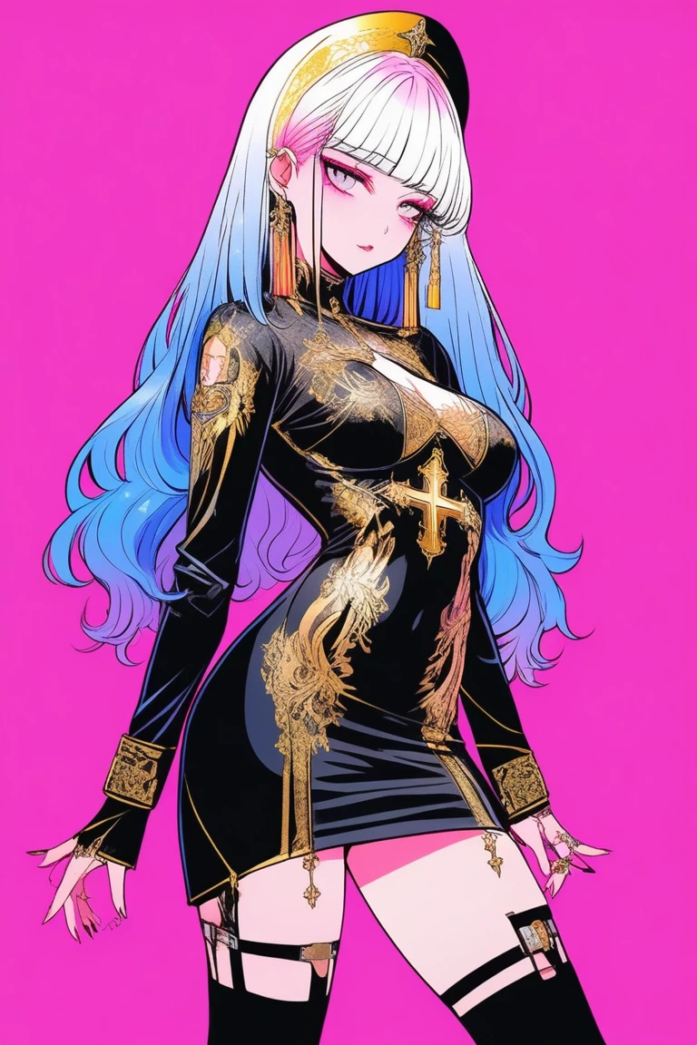 Illustrator, anime , Realistic ,sketch , 1 person, model, Age 25, lip, Sexy and revealing black and gold sheer priest dress(Holy Gun), order, Blue and pink gradient background, Neon Hair, Big Breasts, Her cleavage is visible, look back, Upper Body, Sexy look, Texture Trim, Russia, (masterpiece,Highest quality)