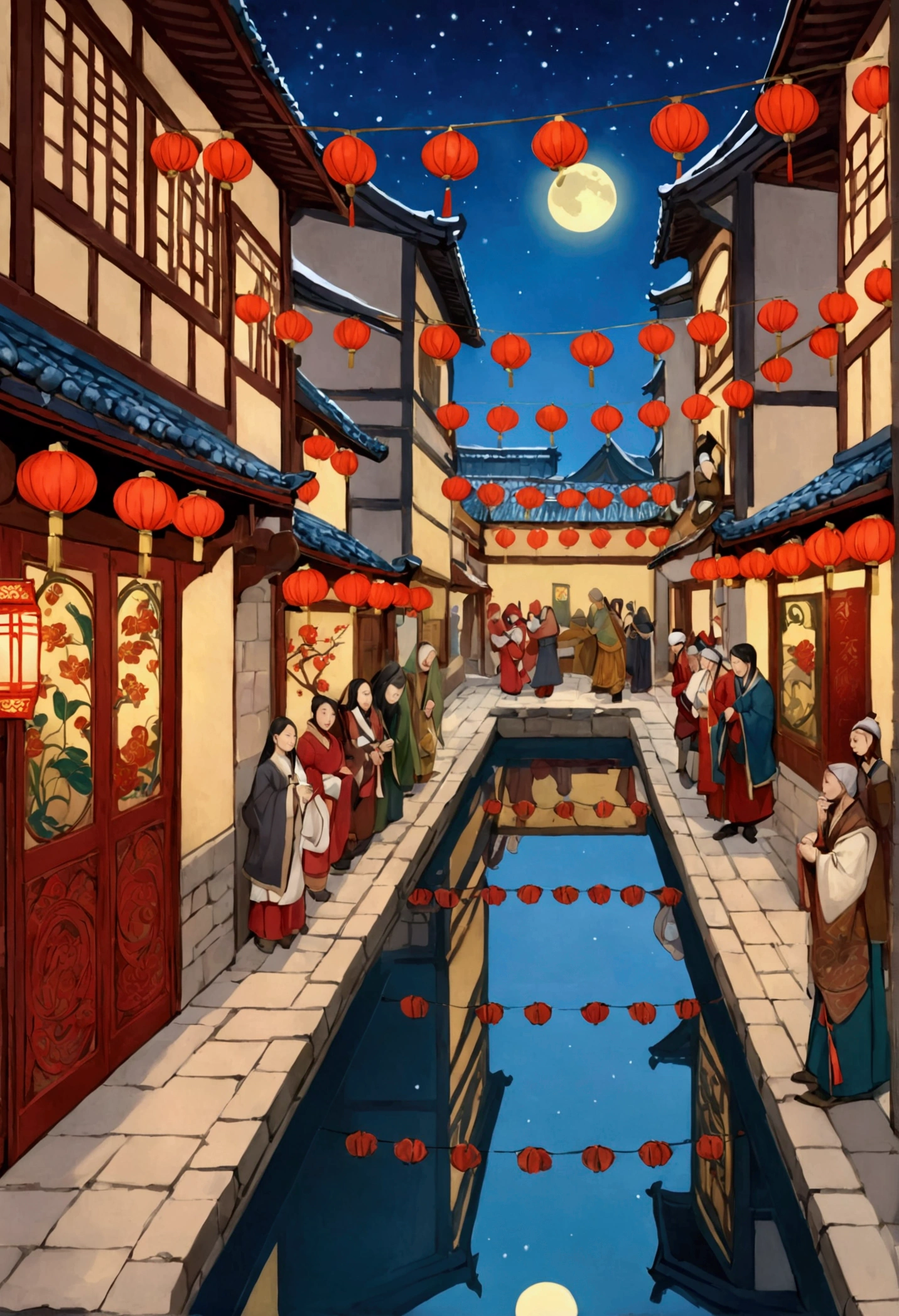 Street picture in CG game, Full of Chinese elements，The Lunar New Year is just around the corner，The festive atmosphere is strong, it's nighttime, The streets are crowded, medieval time, Symbolic figurative landscapes, Organic Art Nouveau, Saturated pigment pool