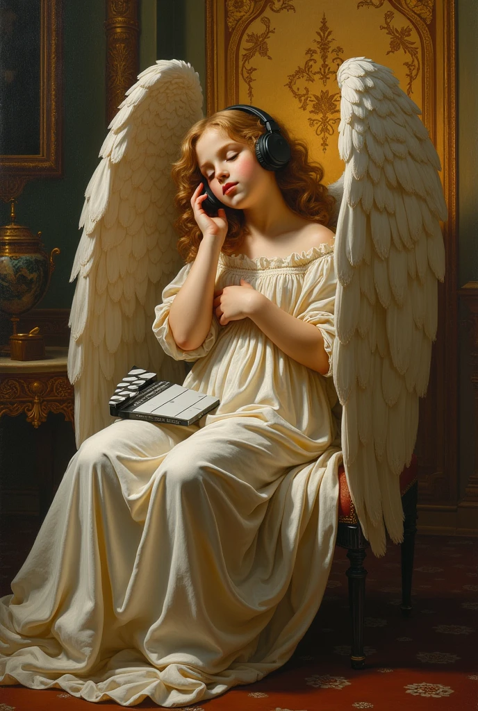 Painting of an Angel as a Renaissance painting.
This little angel is listening to music with headphones and has a clapperboard
