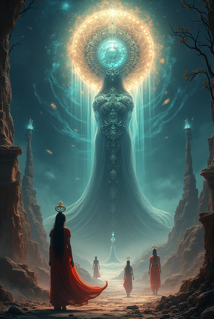 Create a 4k wallpaper for my android smartphone in Indian and gothic combined style on an abstract surreal extraterrestrial phenomena with cultural and spiritual metaphors