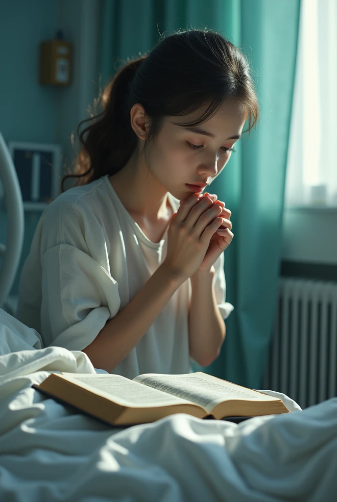 (photorealism:1.2), A young woman praying ((kneeling) next to a patient in a hospital, with a Bible in hand