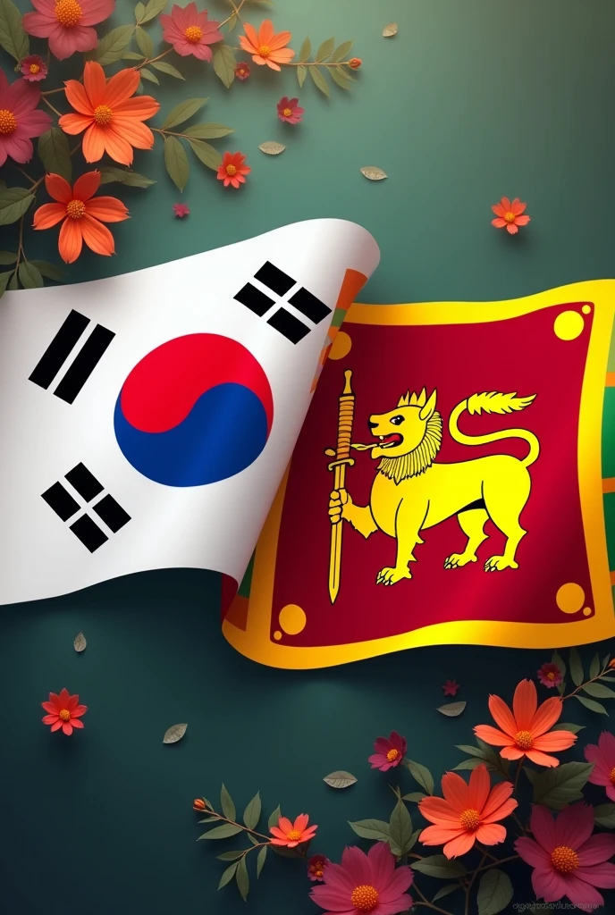 I want design for a flag with korean flag, srilankan flag and lions