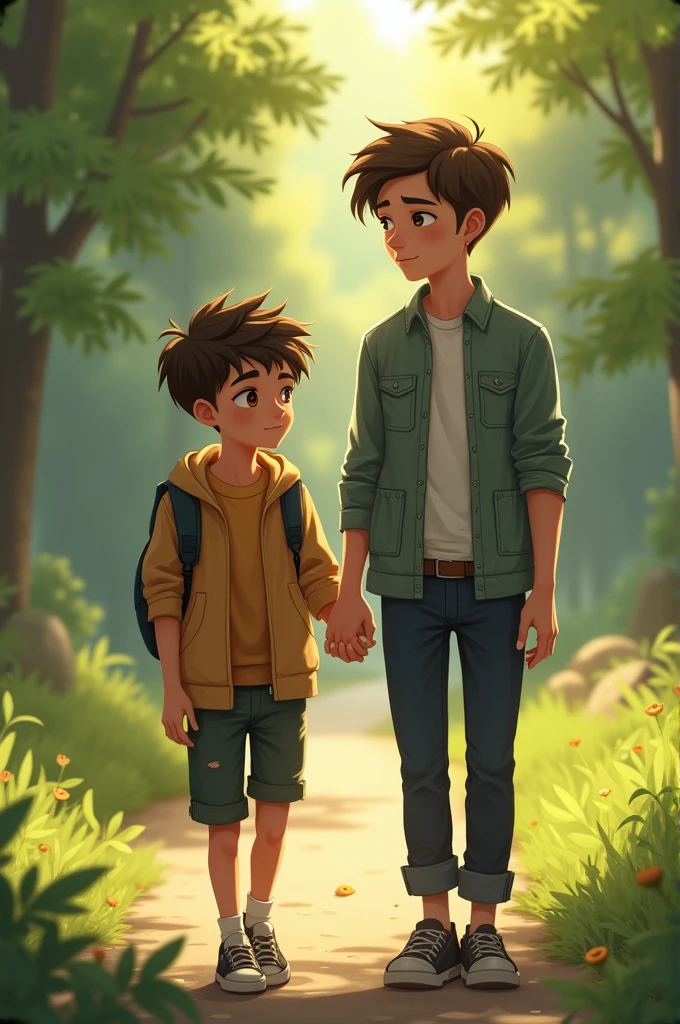 A boy named Theo with white skin, beautiful brown eyes, short wolf cut hair and a small scar near his jaw., with clothes in the style of y2k style clothes shein walking holding hands with her boyfriend hugo in a park theo was short average 157 while his partner who was also a much taller boy of 180 than him was white skin color with dark brown eyes and short wavy hair