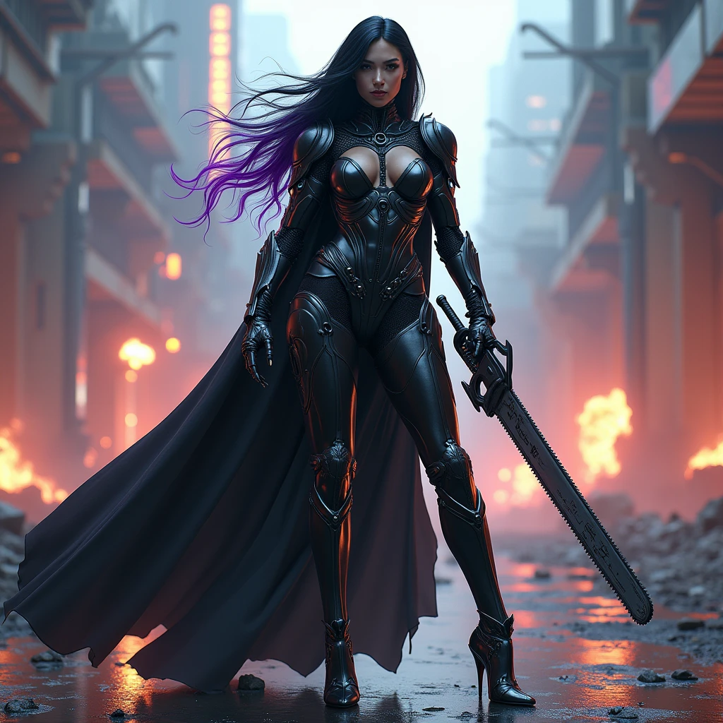 full body pose wearing a mechanical suit, Mechanical wonder, Cyberpunk, Cybernetic Guardian, futuristic sexy black armor, full body, front pose, symmetry, intricate (steel metal [rust]), joints, warframe style, cyborg, fit muscular female body and armor, Beautiful body, Massive breast, seductive, temptation, eat your soul, clevage, long flowing black hair with purple highlights, heavy gothic makeup, at night, neon, Chainsaw  and long whip woman, sith queen, warrior queen, black cloak, stiletto heels, full body pose, wartorn ruins in the background, explosions and fire, high heels