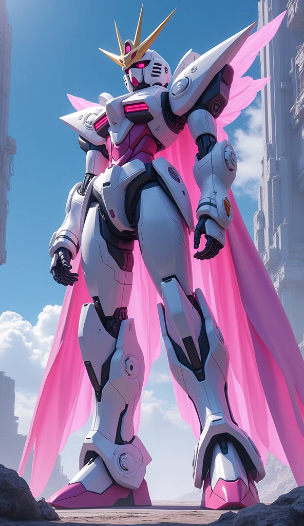 Anime Style, Giant Robot, A full-body image of a Zeus-like white and pink female super robot universe, Battleship,