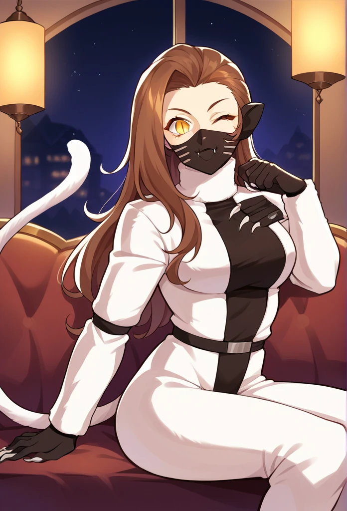 score_9, score_8_up, score_7_up, source_anime BREAK 1girl, solo,
 nekomatasmt, brown hair, long hair, yellow eyes, slit eyes, cat tail, animal ears, claws, face mask, bodysuit, bolero, 
cowboy shot, night club, indoors, dark, sitting, wink