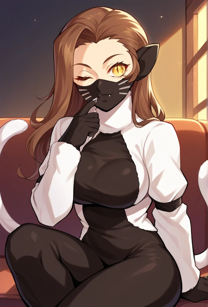 score_9, score_8_up, score_7_up, source_anime BREAK 1girl, solo,
 nekomatasmt, brown hair, long hair, yellow eyes, slit eyes, cat tail, animal ears, claws, face mask, bodysuit, bolero, 
cowboy shot, night club, indoors, dark, sitting, wink