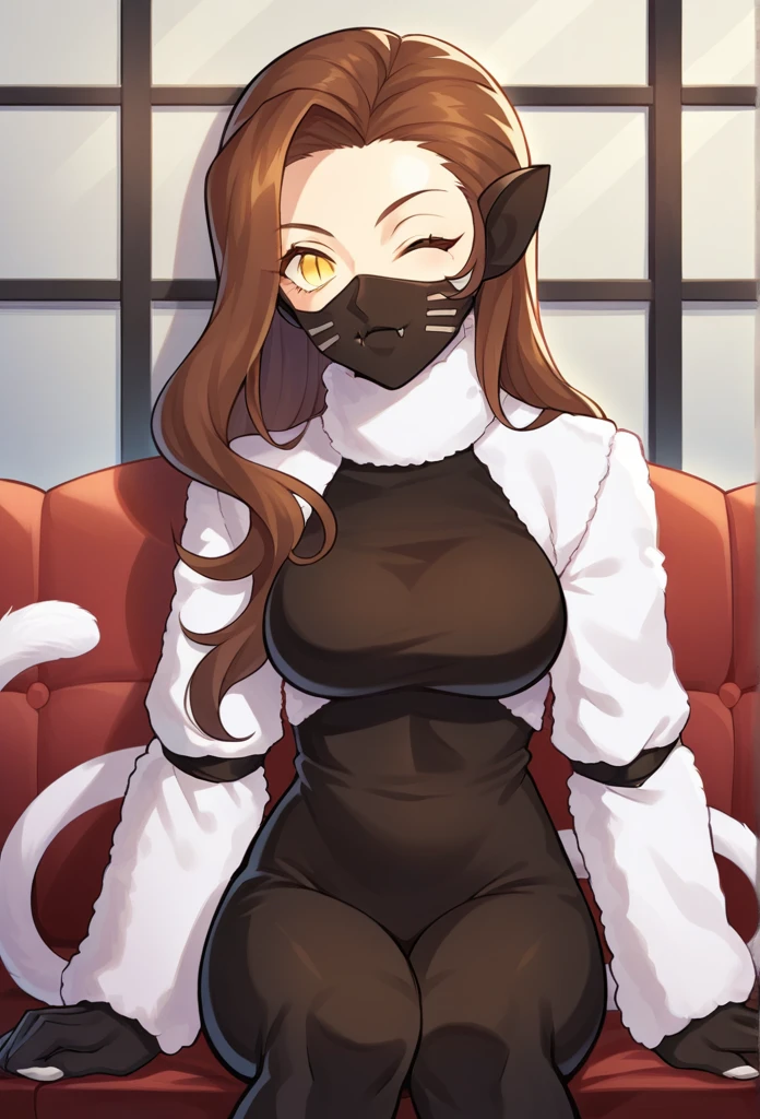 score_9, score_8_up, score_7_up, source_anime BREAK 1girl, solo,
 nekomatasmt, brown hair, long hair, yellow eyes, slit eyes, cat tail, animal ears, claws, face mask, bodysuit, bolero, 
cowboy shot, night club, indoors, dark, sitting, wink