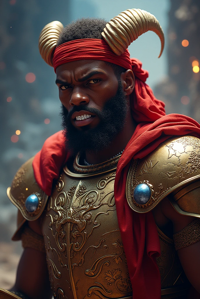 Kwame, le samurai africain, a une apparence impressionnante. Its ebony skin is smooth and luminous, contrasting beautifully with her short-cut black hair. His brown eyes are piercing, revealing a deep determination. He wears traditional African metal armor, adorned with intricate tribal motifs that represent its cultural heritage. This armor protects his torso and shoulders, while allowing him great freedom of movement to fight. Her clothes are both functional and aesthetic. A bright red cloth cape is draped over his shoulder, adding a touch of color to its set. His black leather shoes are elegant and reinforce his imposing stature. Son arme principale, The African katana called "Kpinga," is a masterpiece of craftsmanship. The blade is long and elegant, with engraved patterns and inlaid gemstones that sparkle in sunlight. The handle of the sword is carved with ancestral symbols, montrant l'importance de la tradition pour Kwame.