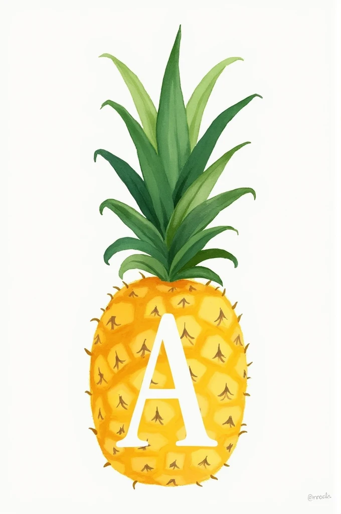 alphabet card with the letter A and a drawing of a pineapple in children's watercolor