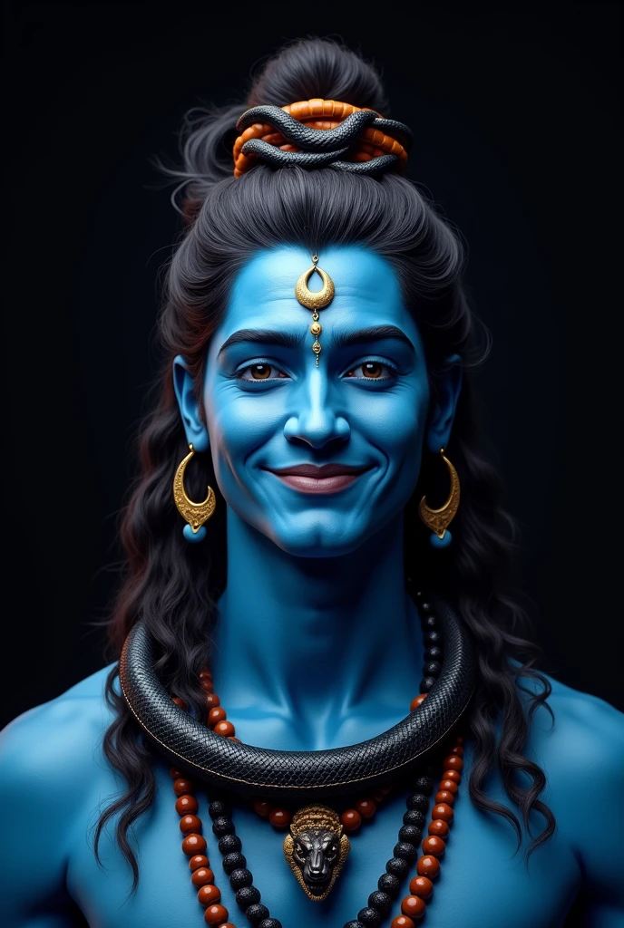 Cute and smile face 
2 one 
man 
wearing Lord Shiva's attractive body Moon on the forehead Black snake wrapped around the neck Wearing Rudraksha rosary Long hair tied on the head Blue body Indian wearing lion skin
