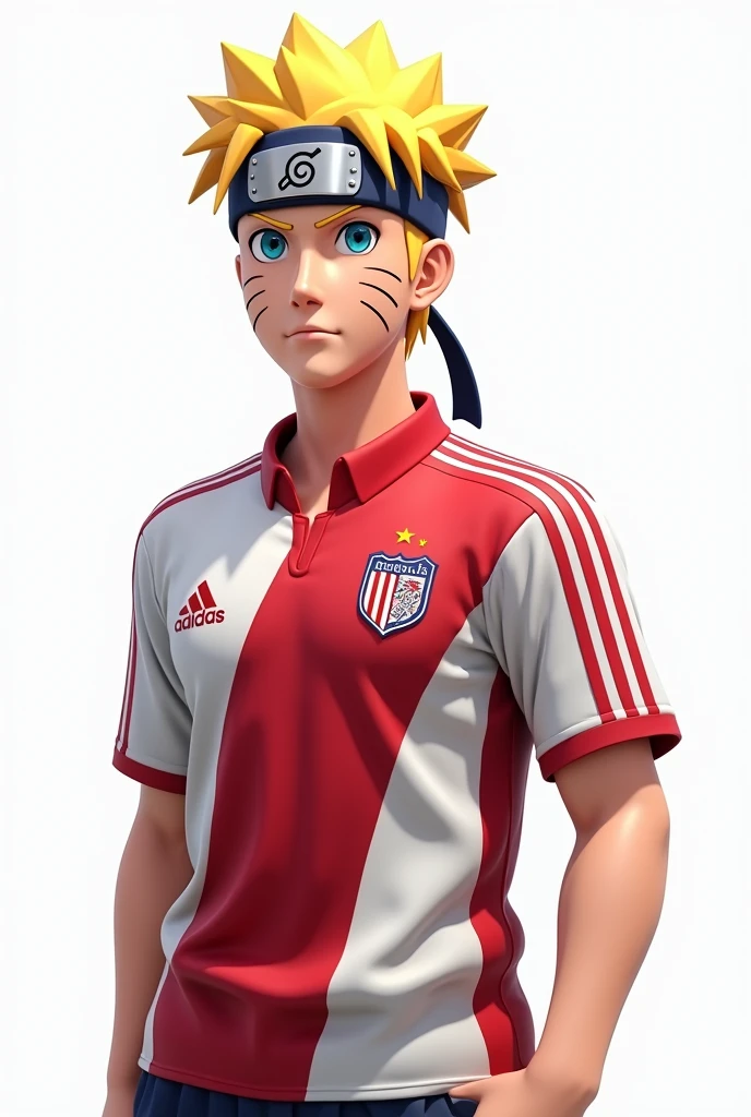 Narruto is wearing a River Plate shirt with its crest on a white background
