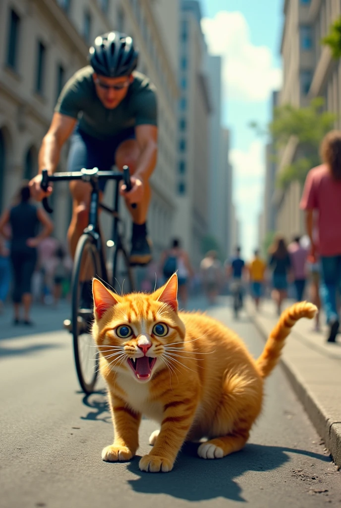 A cyclist loses control and skids towards the sidewalk, causing panic. The yellow cat's eyes widen in fear as she tries to shield her kitten.