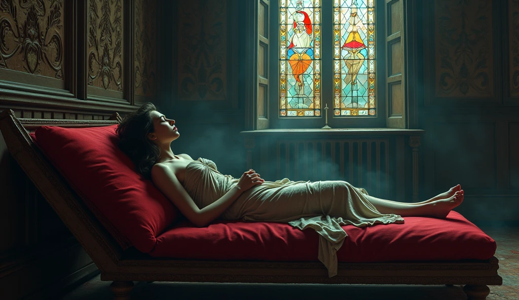 A captivating high-quality illustration of a androgin person sleeping on a red diván in an abandoned, dimly lit victoriana cathedral. is wearing a tattered, yet elegant dress, with her hands folded in her lap. The cathedral's walls are adorned with intricate carvings and dark colors. A warm, ethereal glow emanates from the stained glass windows, casting vibrant hues across the room. The atmosphere is both eerie and enchanting, creating a sense of dark fantasy and mystery., illustration, dark fantasy, cinematic, 3d render, painting