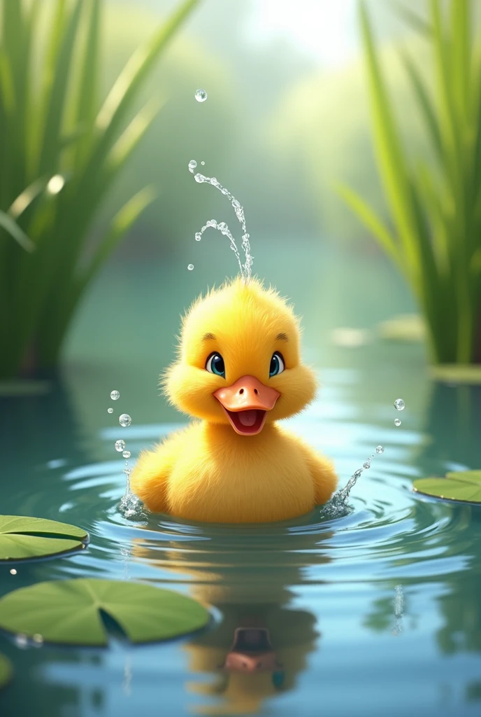 generate the image of a duckling in the pond and he is spitting water upwards