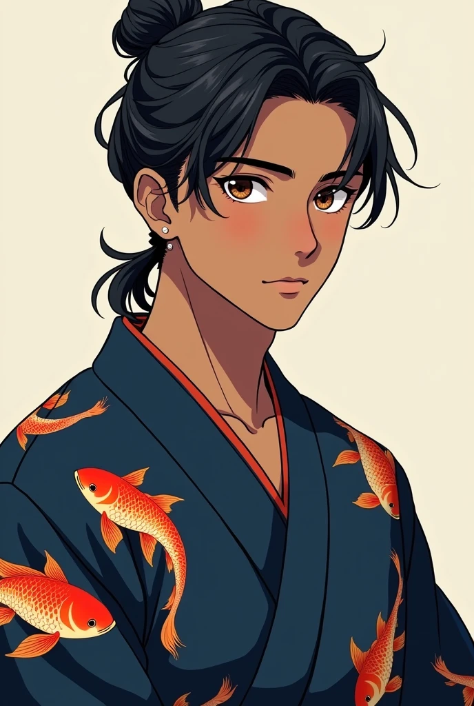 Male character Teenager with brown skin, wearing dark blue kimono with goldfish print, with your hair back, dark brown eyes, anime styling