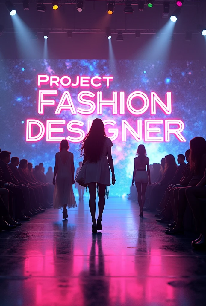 Backgrond fashion color night party stage view with a screen with the words “Project Fashion Designer” in text 3D authentic galaxy. The stage has a modern, luxurious, trendy feel, grand and splendid showing a vibrant party .There are lights and flash color night