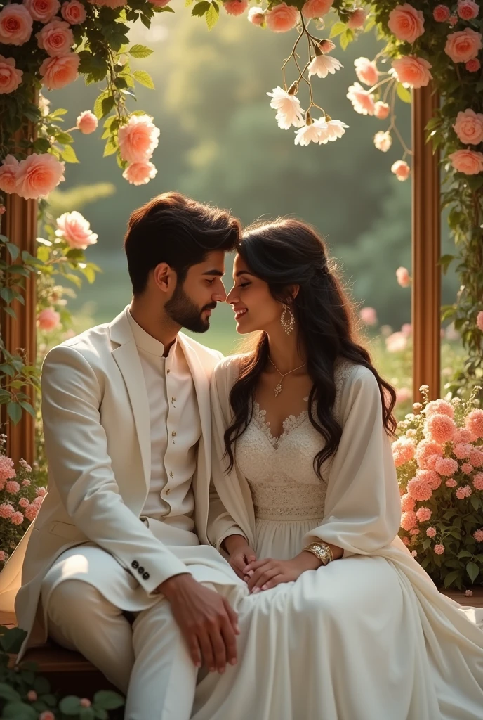  a Pakistani beautiful girl, sitting with his stylish young boyfriend on garden, wearing desi white dress , lips kisses, a beautiful flowers in the garden on background, Sikandar & Zoya name written in frame on background  