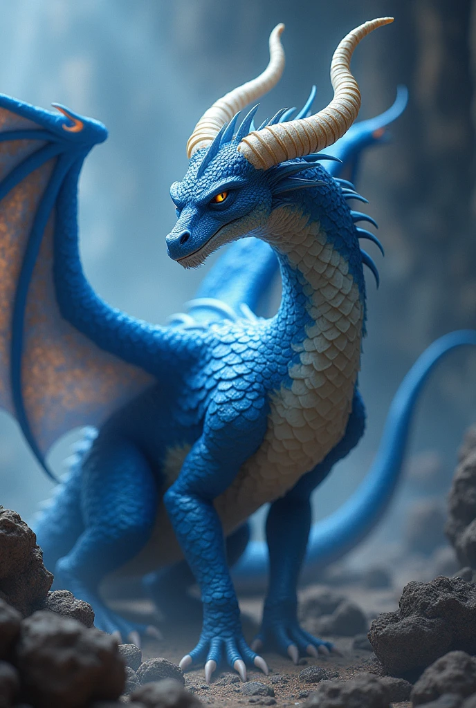 Blue scales wyvern with horns on the neck