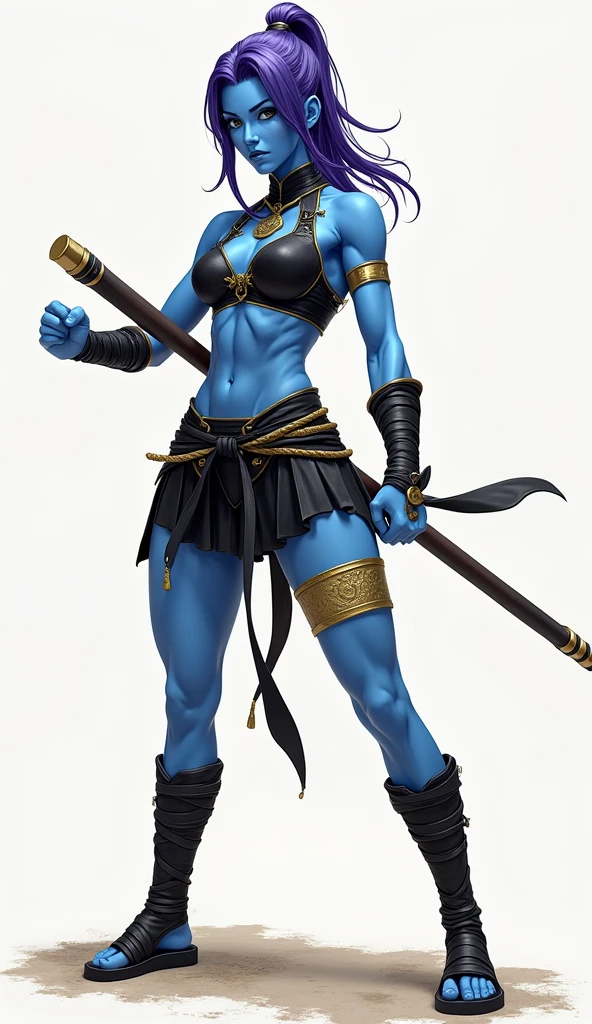 Super realistic, High Detail Face, Clean and delicate face, wide shot, 1 lady, whole body, Fighting posture, Holding Long stick with both hands Anatomically correctly, Purple ponytail, parted bangs, blue skin, wearing a Black and gold mini Kung Fu costume, Thighs, Leather bandages wrapped around the shins, Black Sandals, glaring at the viewer, simple color background