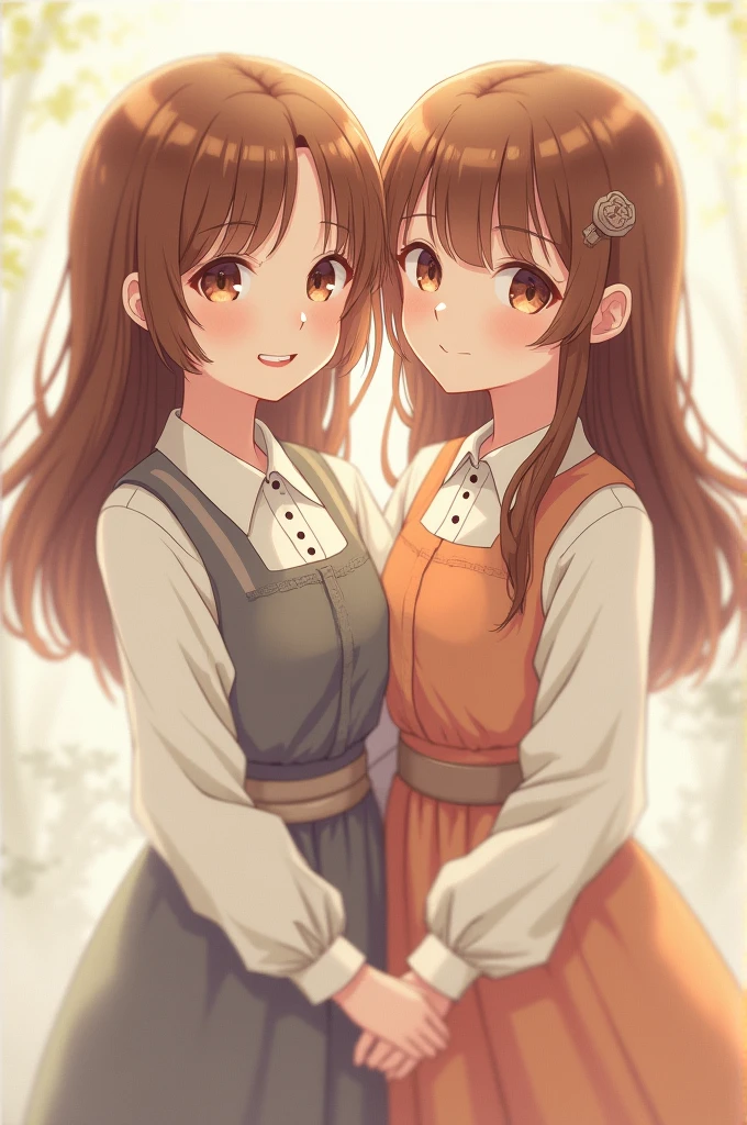 2 girl , com um vestido modesto, with a sweet smile , brownhair, almond eyes