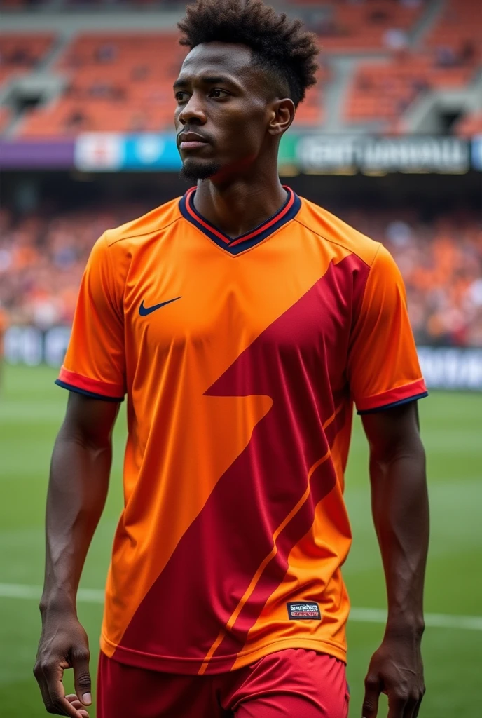 Make a sports jersey of kesariya colour having only red colour arrow design