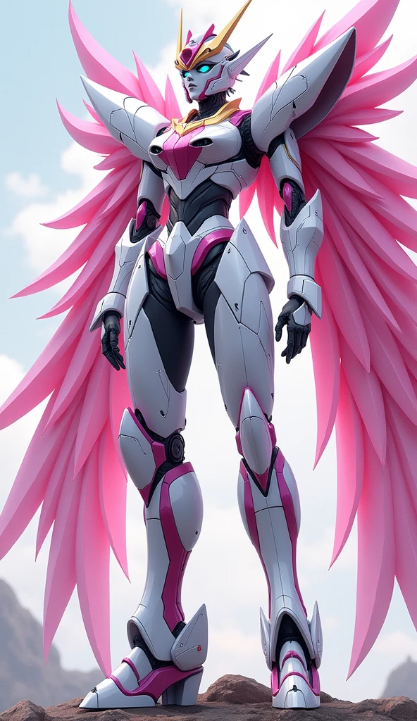 Anime Style, Giant Robot, A full-body image of a Zeus-like white and pink female super robot Simple Background,