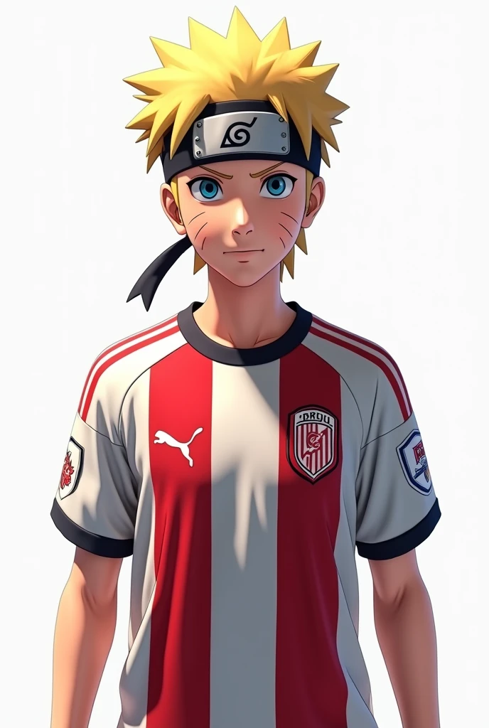 Narruto is wearing a River Plate shirt with its crest on a white background 
