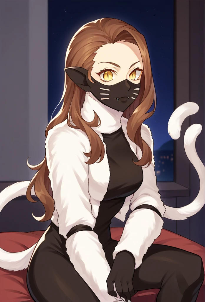 score_9, score_8_up, score_7_up, source_anime BREAK 1girl, solo,
 nekomatasmt, brown hair, long hair, yellow eyes, slit eyes, cat tail, animal ears, claws, face mask, bodysuit, bolero, 
cowboy shot, night club, indoors, dark, sitting, 