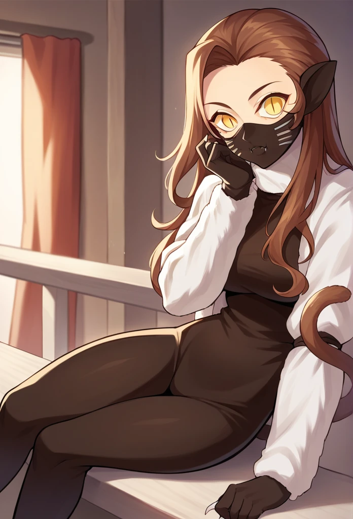 score_9, score_8_up, score_7_up, source_anime BREAK 1girl, solo,
 nekomatasmt, brown hair, long hair, yellow eyes, slit eyes, cat tail, animal ears, claws, face mask, bodysuit, bolero, 
cowboy shot, night club, indoors, dark, sitting, 