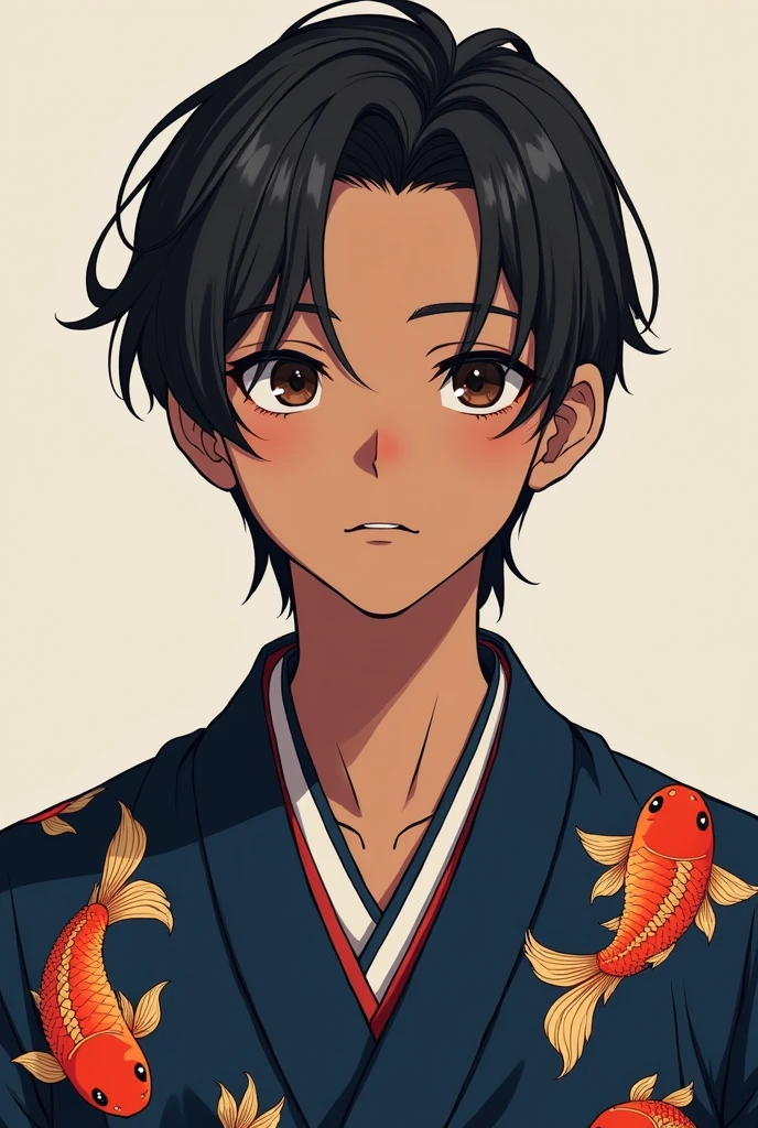 Male character Teenager with brown skin, wearing dark blue kimono with goldfish print, with your hair back, dark brown eyes, anime styling