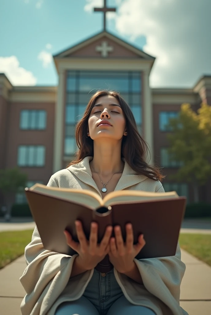 (photorealism:1.2), A young woman praying ((kneeling) to one of a hospital, with a Bible in hand