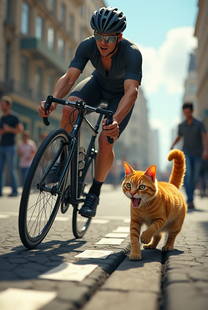 A cyclist loses control and skids towards the sidewalk, causing panic. The yellow cat's eyes widen in fear as she tries to shield her kitten.