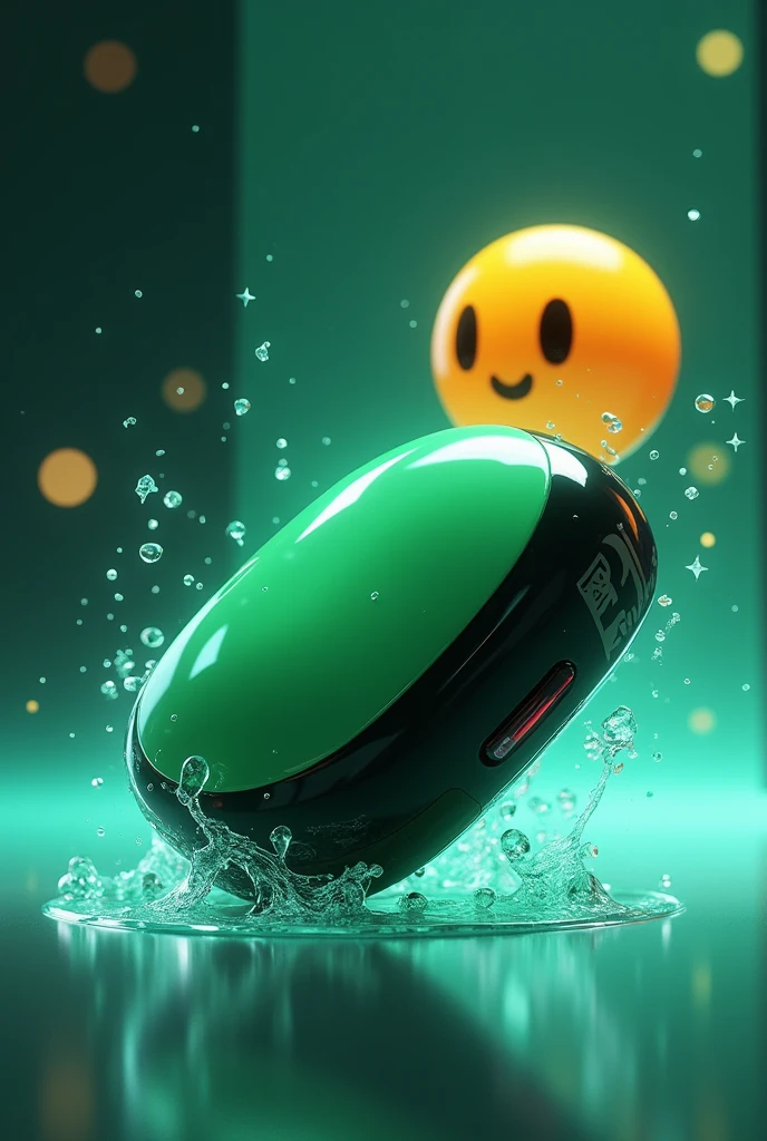 A virtual product with green and black color and a holographic emoji behind it 
