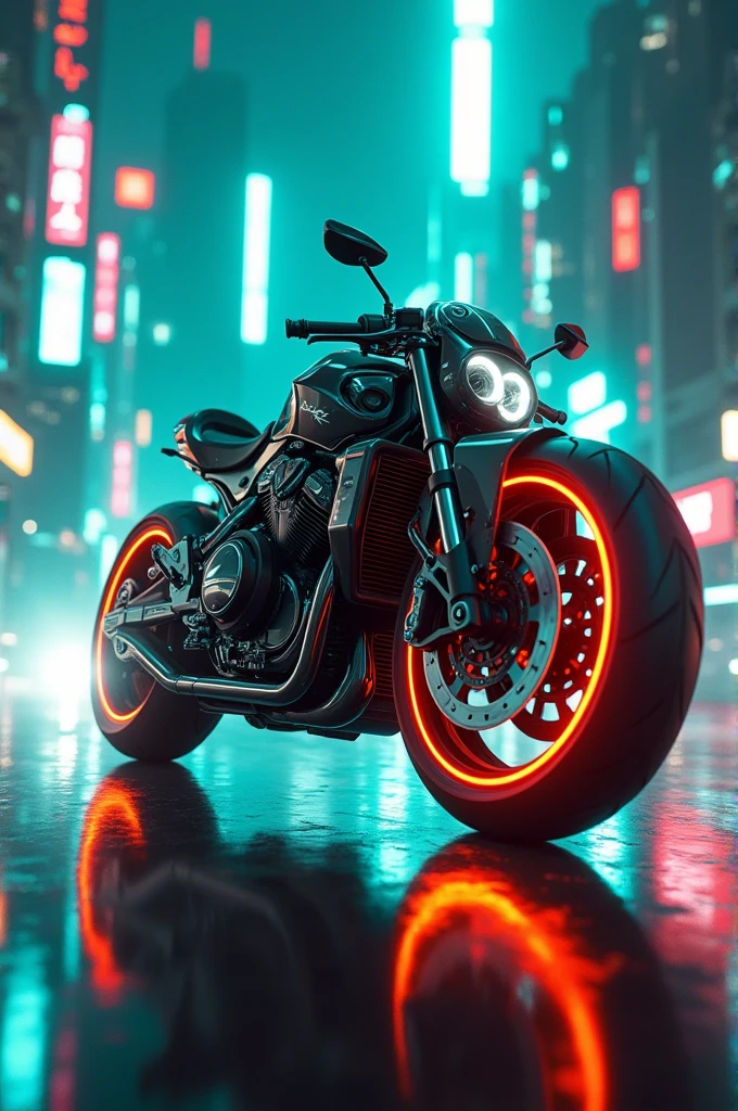 Triumph bike in cyberpunk city with teal and orange neon lights 