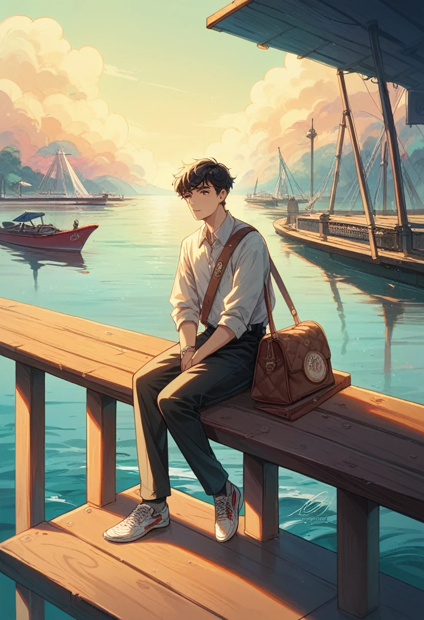 a close-up of a person sitting on a pier with a bag, intricate abstract. gucci style, gucci poster, “cg society 4k”,